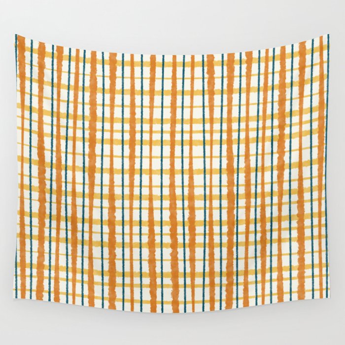 Retro Picnic Plaid Stripes - Watercolor Striped Pattern in Ochre, Mustard, Blue, and Cream Wall Tapestry Gallery Image 4