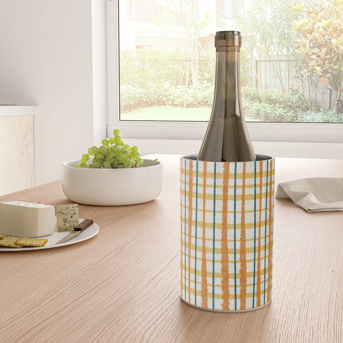Retro Picnic Plaid Stripes - Watercolor Striped Pattern in Ochre, Mustard, Blue, and Cream Wine Chiller Gallery Image 4