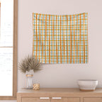 Retro Picnic Plaid Stripes - Watercolor Striped Pattern in Ochre, Mustard, Blue, and Cream Wall Tapestry Gallery Image 2