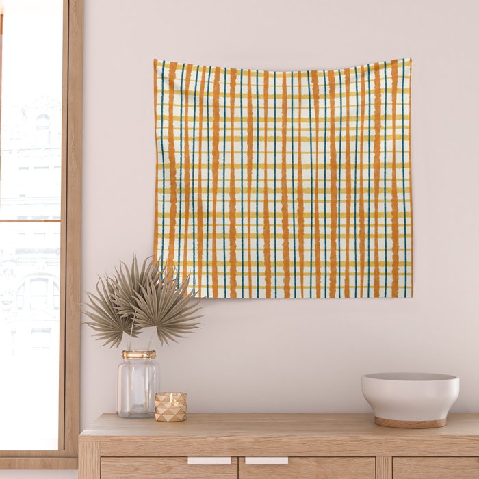 Retro Picnic Plaid Stripes - Watercolor Striped Pattern in Ochre, Mustard, Blue, and Cream Wall Tapestry Gallery Image 2