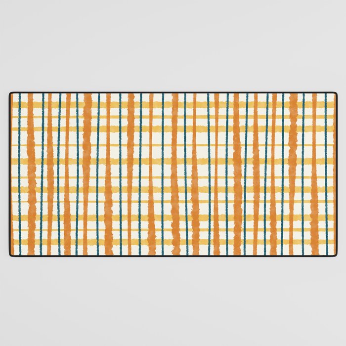 Retro Picnic Plaid Stripes - Watercolor Striped Pattern in Ochre, Mustard, Blue, and Cream Desk Mat Gallery Image 3
