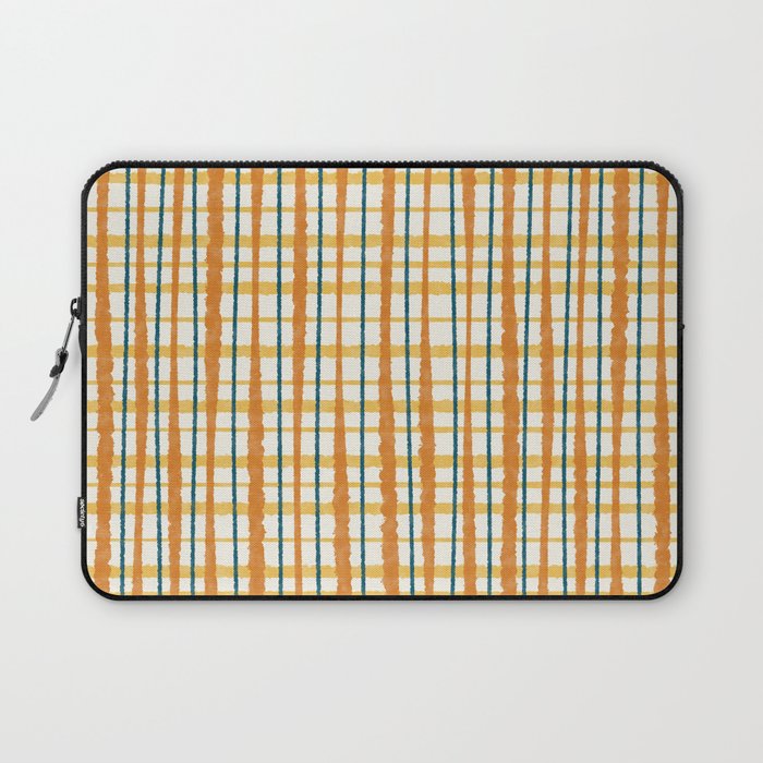 Retro Picnic Plaid Stripes - Watercolor Striped Pattern in Ochre, Mustard, Blue, and Cream Laptop Sleeve Gallery Image 1