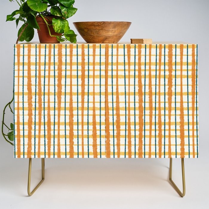 Retro Picnic Plaid Stripes - Watercolor Striped Pattern in Ochre, Mustard, Blue, and Cream Credenza Gallery Image 1