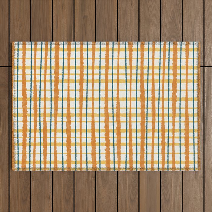 Retro Picnic Plaid Stripes - Watercolor Striped Pattern in Ochre, Mustard, Blue, and Cream Outdoor Rug Gallery Image 1