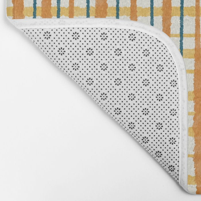 Retro Picnic Plaid Stripes - Watercolor Striped Pattern in Ochre, Mustard, Blue, and Cream Bath Mat Gallery Image 2