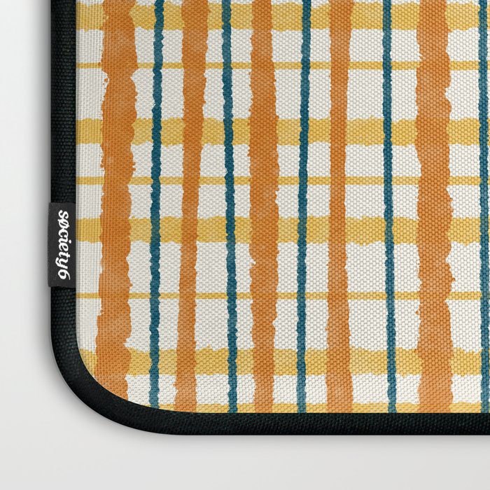 Retro Picnic Plaid Stripes - Watercolor Striped Pattern in Ochre, Mustard, Blue, and Cream Laptop Sleeve Gallery Image 3