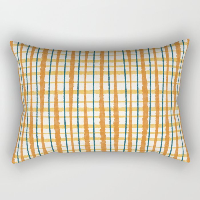 Retro Picnic Plaid Stripes - Watercolor Striped Pattern in Ochre, Mustard, Blue, and Cream Rectangular Pillow Gallery Image 1
