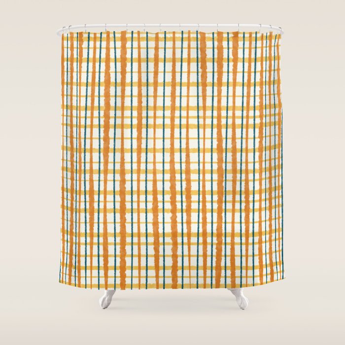 Retro Picnic Plaid Stripes - Watercolor Striped Pattern in Ochre, Mustard, Blue, and Cream Shower Curtain Gallery Image 1