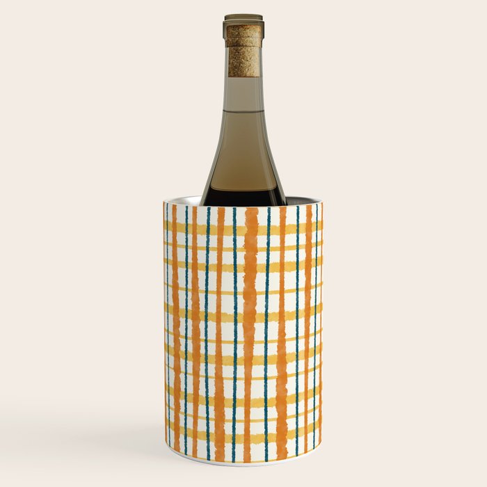Retro Picnic Plaid Stripes - Watercolor Striped Pattern in Ochre, Mustard, Blue, and Cream Wine Chiller Gallery Image 2