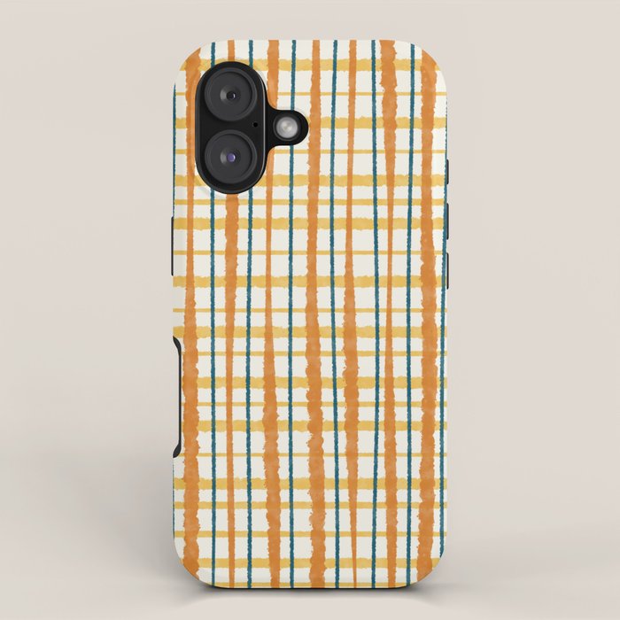 Retro Picnic Plaid Stripes - Watercolor Striped Pattern in Ochre, Mustard, Blue, and Cream iPhone Case Gallery Image 1