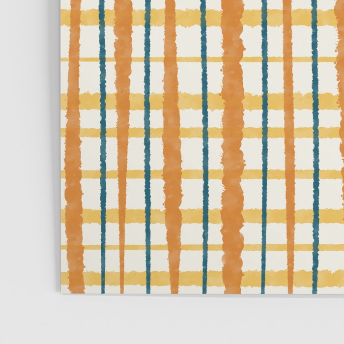 Retro Picnic Plaid Stripes - Watercolor Striped Pattern in Ochre, Mustard, Blue, and Cream Poster Gallery Image 3