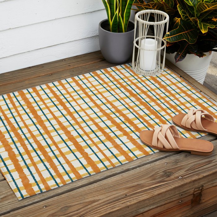 Retro Picnic Plaid Stripes - Watercolor Striped Pattern in Ochre, Mustard, Blue, and Cream Outdoor Rug Gallery Image 2