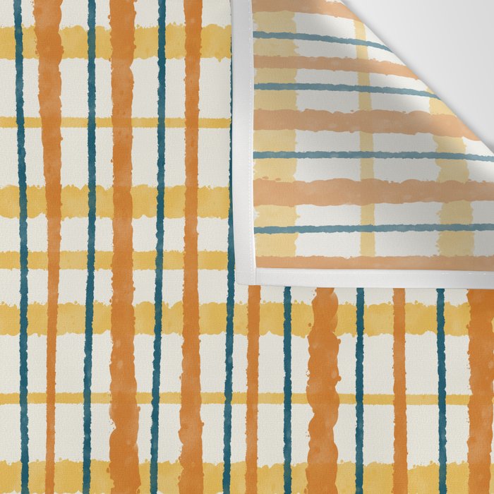 Retro Picnic Plaid Stripes - Watercolor Striped Pattern in Ochre, Mustard, Blue, and Cream Wall Tapestry Gallery Image 3
