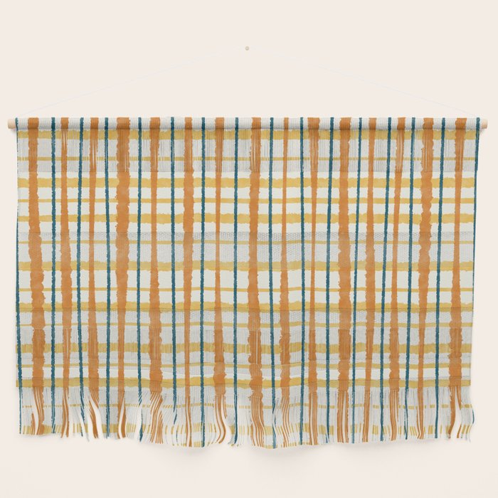Retro Picnic Plaid Stripes - Watercolor Striped Pattern in Ochre, Mustard, Blue, and Cream Wall Hanging Gallery Image 1