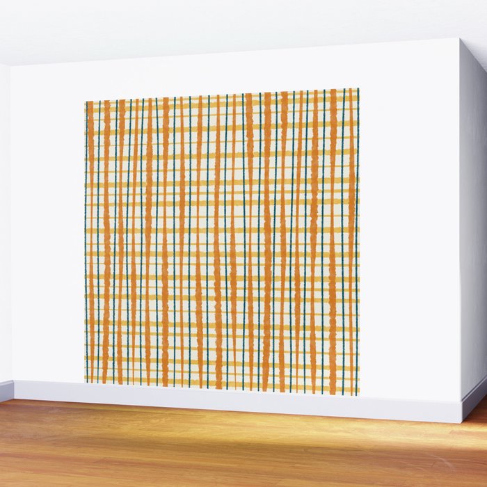 Retro Picnic Plaid Stripes - Watercolor Striped Pattern in Ochre, Mustard, Blue, and Cream Wall Mural Gallery Image 2