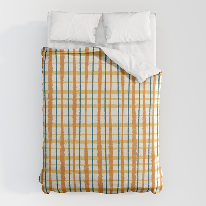 Retro Picnic Plaid Stripes - Watercolor Striped Pattern in Ochre, Mustard, Blue, and Cream Duvet Cover Gallery Image 6
