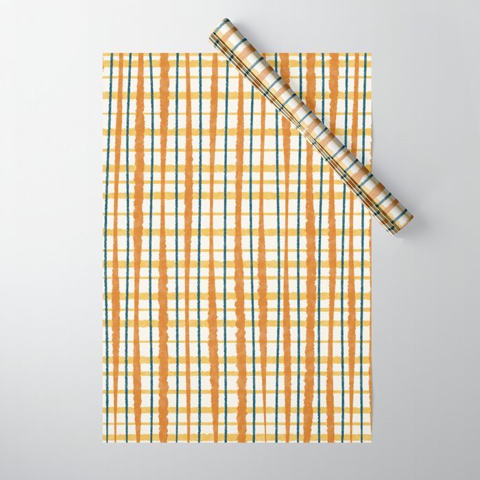 Retro Picnic Plaid Stripes - Watercolor Striped Pattern in Ochre, Mustard, Blue, and Cream Wrapping Paper Gallery Image 1