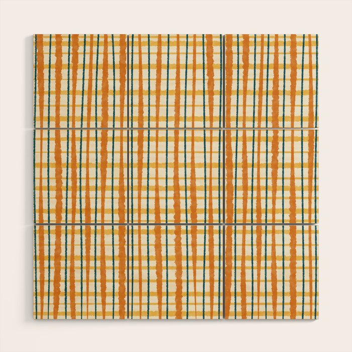 Retro Picnic Plaid Stripes - Watercolor Striped Pattern in Ochre, Mustard, Blue, and Cream Wood Wall Art Gallery Image 1