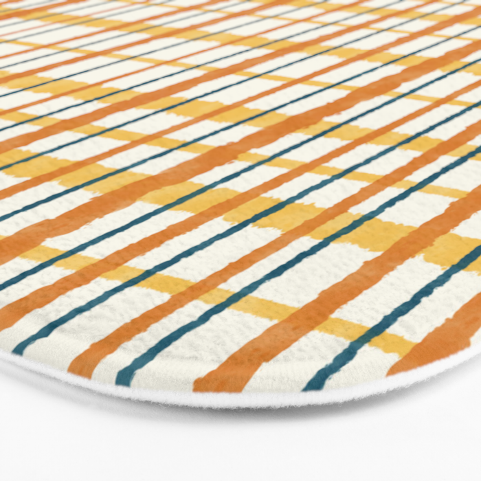 Retro Picnic Plaid Stripes - Watercolor Striped Pattern in Ochre, Mustard, Blue, and Cream Bath Mat Gallery Image 3
