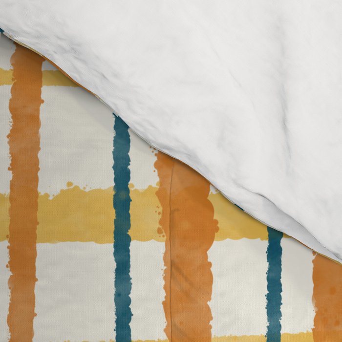 Retro Picnic Plaid Stripes - Watercolor Striped Pattern in Ochre, Mustard, Blue, and Cream Comforter Gallery Image 4