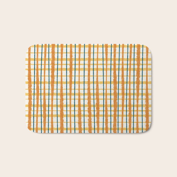 Retro Picnic Plaid Stripes - Watercolor Striped Pattern in Ochre, Mustard, Blue, and Cream Bath Mat Gallery Image 1