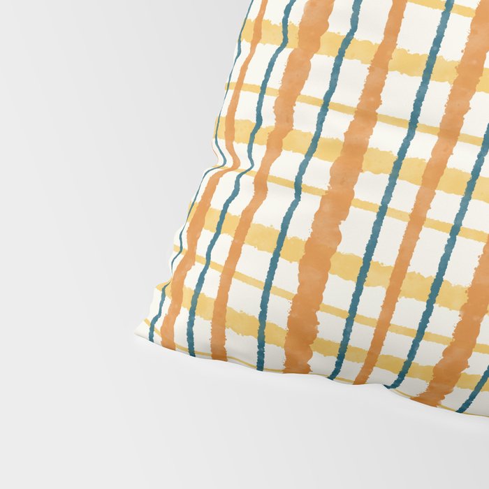 Retro Picnic Plaid Stripes - Watercolor Striped Pattern in Ochre, Mustard, Blue, and Cream Pillow Sham Gallery Image 4
