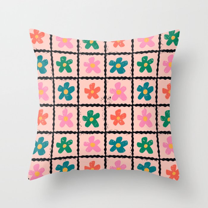 Retro Daisy Checkered Flowers Throw Pillow Gallery Image 1