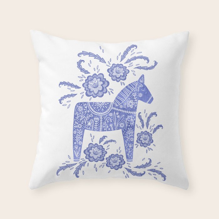 Swedish Dala Horse Blue Throw Pillow Gallery Image 6