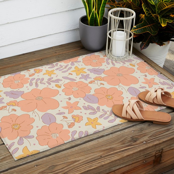 Vintage hand drawn flower art pattern Outdoor Rug Gallery Image 2