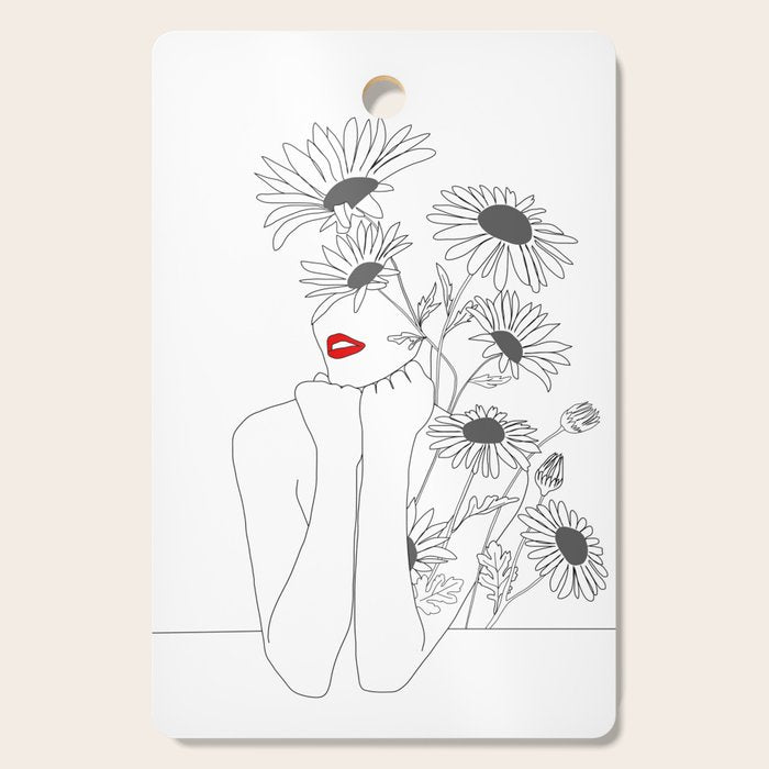 Minimal Line Art Girl with Sunflowers Cutting Board Gallery Image 1