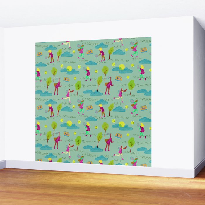 Let's Play Tennis in Soft Green Wall Mural Gallery Image 2
