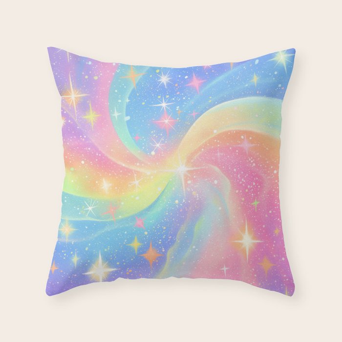 Pastel Galaxy Dreamscape with Sparkling Stars and Rainbow Swirls Throw Pillow Gallery Image 6