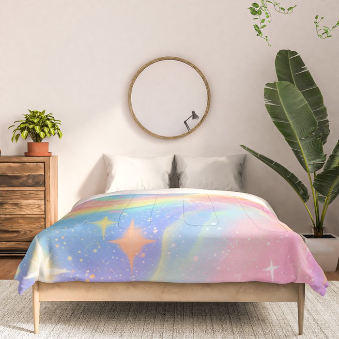 Pastel Galaxy Dreamscape with Sparkling Stars and Rainbow Swirls Comforter Gallery Image 3