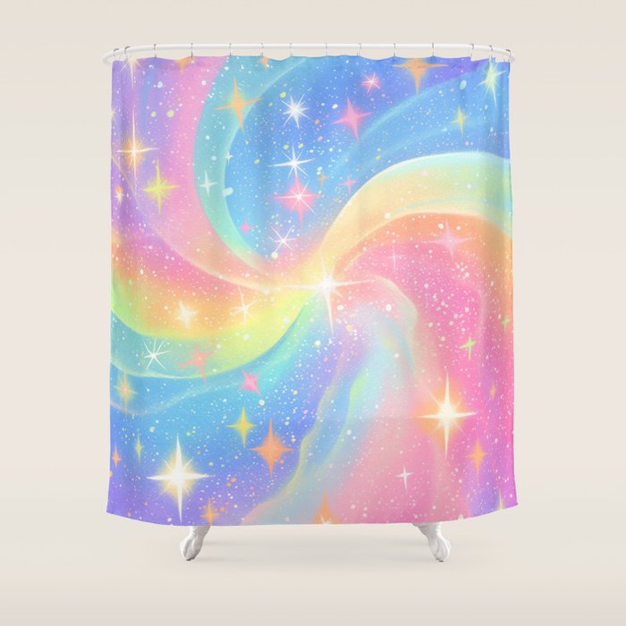 Pastel Galaxy Dreamscape with Sparkling Stars and Rainbow Swirls Shower Curtain Gallery Image 1