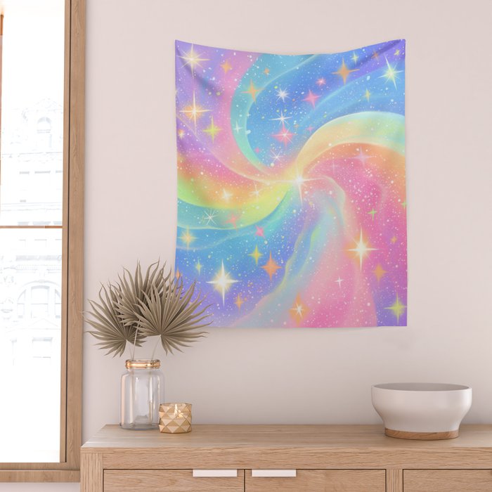 Pastel Galaxy Dreamscape with Sparkling Stars and Rainbow Swirls Wall Tapestry Gallery Image 2