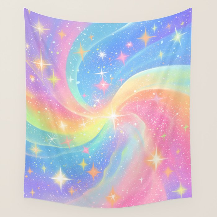 Pastel Galaxy Dreamscape with Sparkling Stars and Rainbow Swirls Wall Tapestry Gallery Image 1