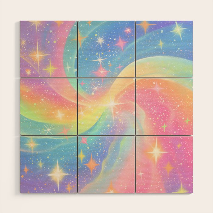 Pastel Galaxy Dreamscape with Sparkling Stars and Rainbow Swirls Wood Wall Art Gallery Image 1