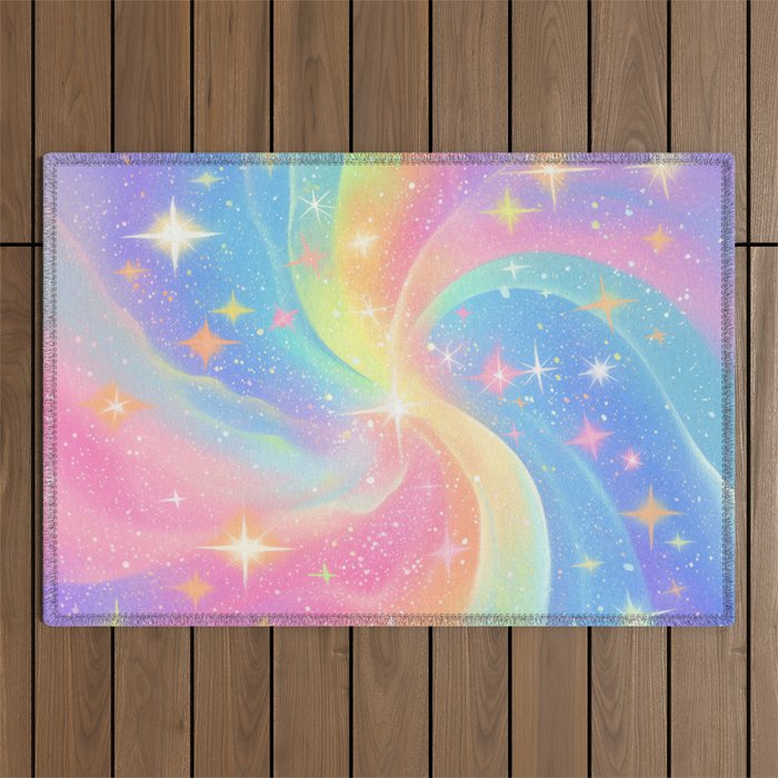 Pastel Galaxy Dreamscape with Sparkling Stars and Rainbow Swirls Outdoor Rug Gallery Image 1