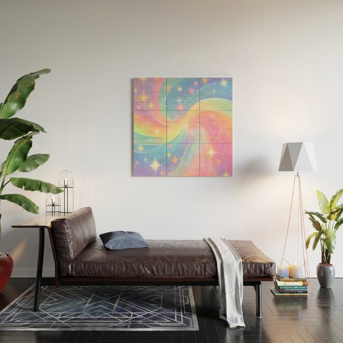 Pastel Galaxy Dreamscape with Sparkling Stars and Rainbow Swirls Wood Wall Art Gallery Image 2