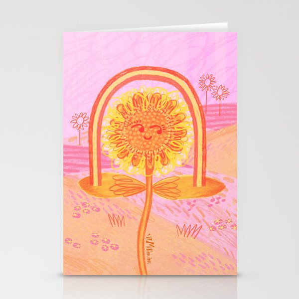 Retro Sunflower & Rainbow in Pink Stationery Card Gallery Image 1