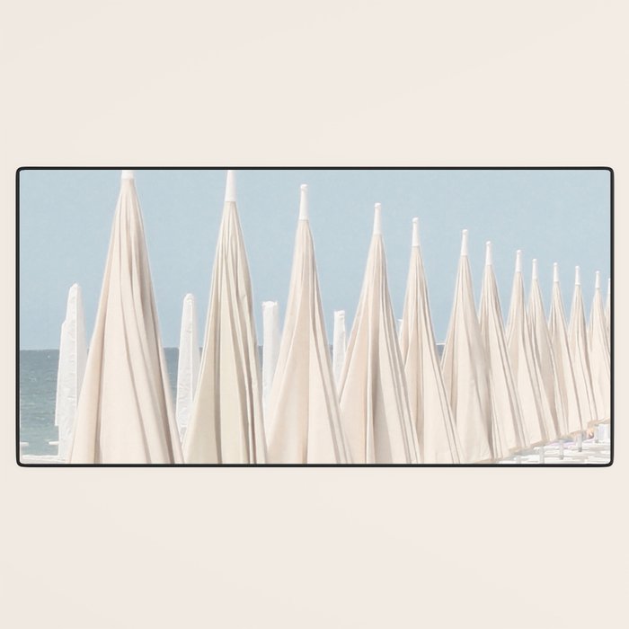 Minimalist Beach Photo Print | White Umbrellas | Coastal Summer Travel Photography Desk Mat Gallery Image 3