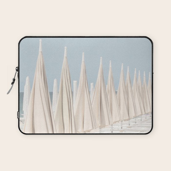 Minimalist Beach Photo Print | White Umbrellas | Coastal Summer Travel Photography Laptop Sleeve Gallery Image 1