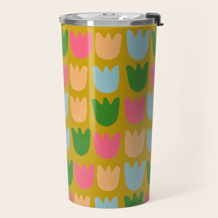 Rows of Tulips in Bloom in Yellow Ochre & Peach Travel Mug Gallery Image 2