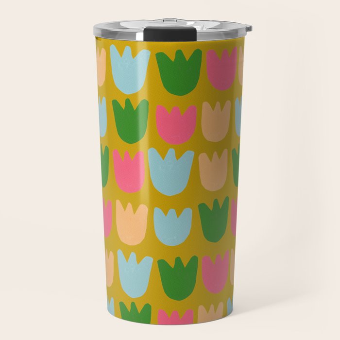 Rows of Tulips in Bloom in Yellow Ochre & Peach Travel Mug Gallery Image 1