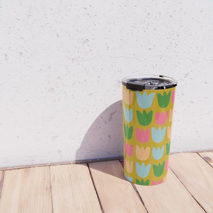 Rows of Tulips in Bloom in Yellow Ochre & Peach Travel Mug Gallery Image 4