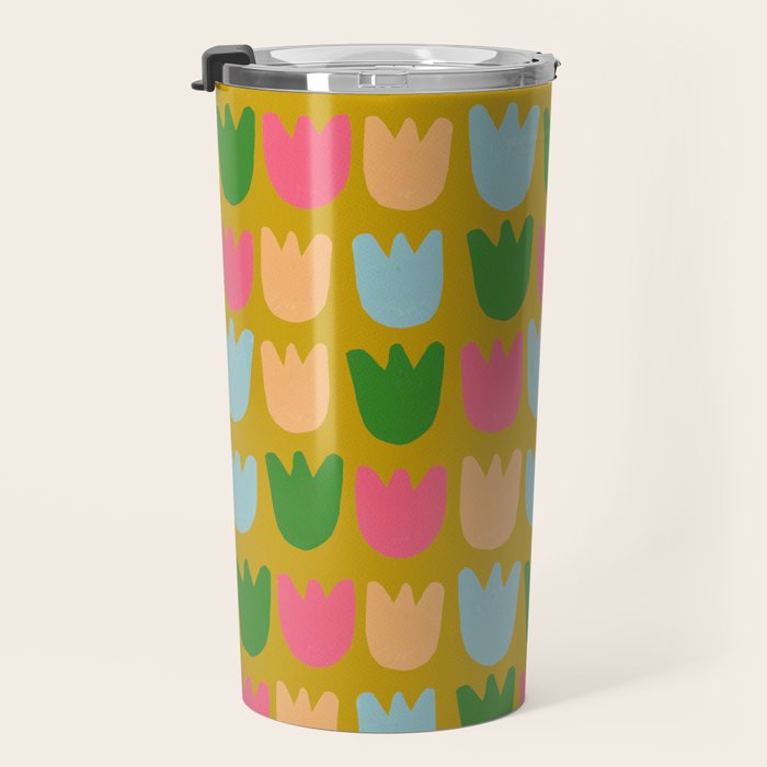 Rows of Tulips in Bloom in Yellow Ochre & Peach Travel Mug Gallery Image 3