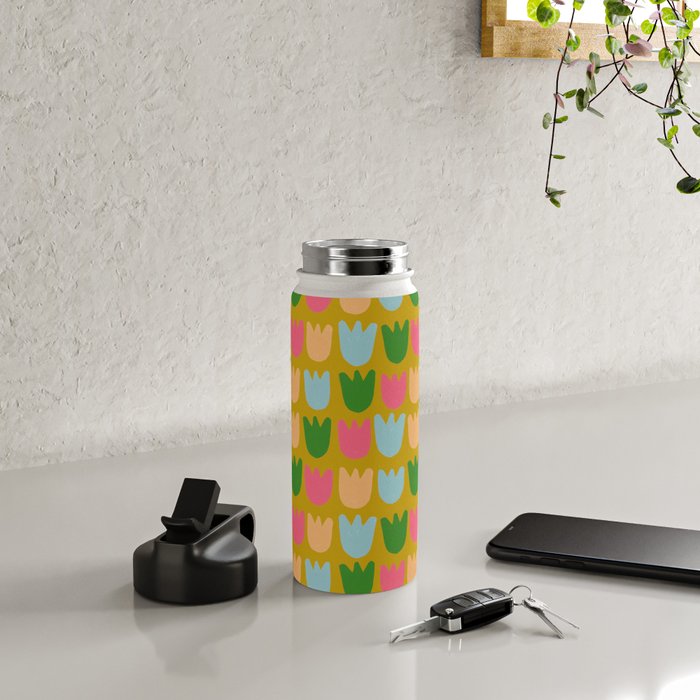 Rows of Tulips in Bloom in Yellow Ochre & Peach Water Bottle Gallery Image 4