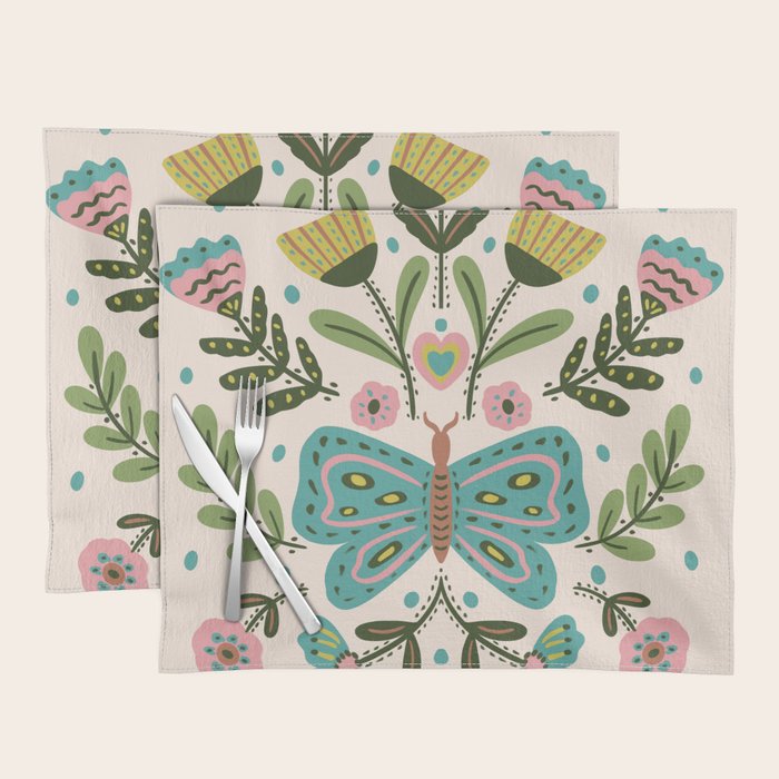 Green and Pink Butterfly Folk Art Illustration  Placemat Gallery Image 1
