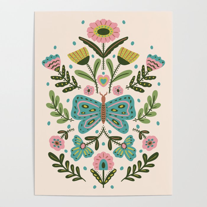 Green and Pink Butterfly Folk Art Illustration  Poster Gallery Image 4