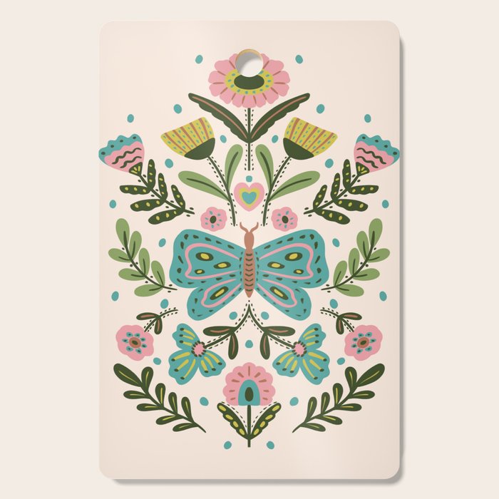 Green and Pink Butterfly Folk Art Illustration  Cutting Board Gallery Image 1
